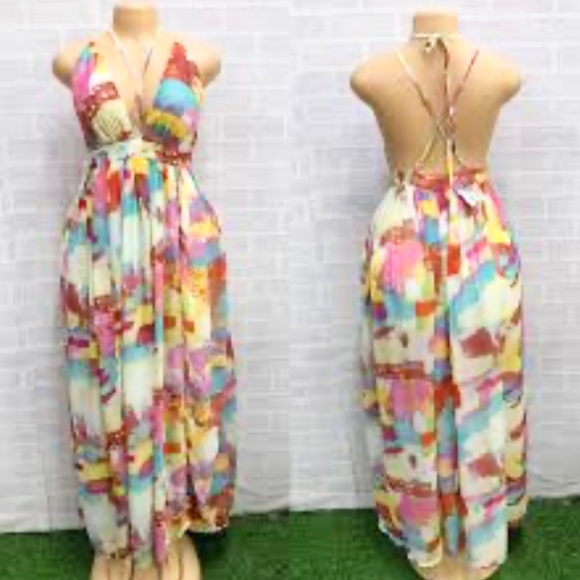 Miss Avenue Tropical Maxi Dress Plunge-Neck Open-Back Large - Picture 1 of 16